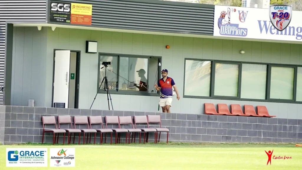 Camera on a tripod in the stand, looking out over the ground